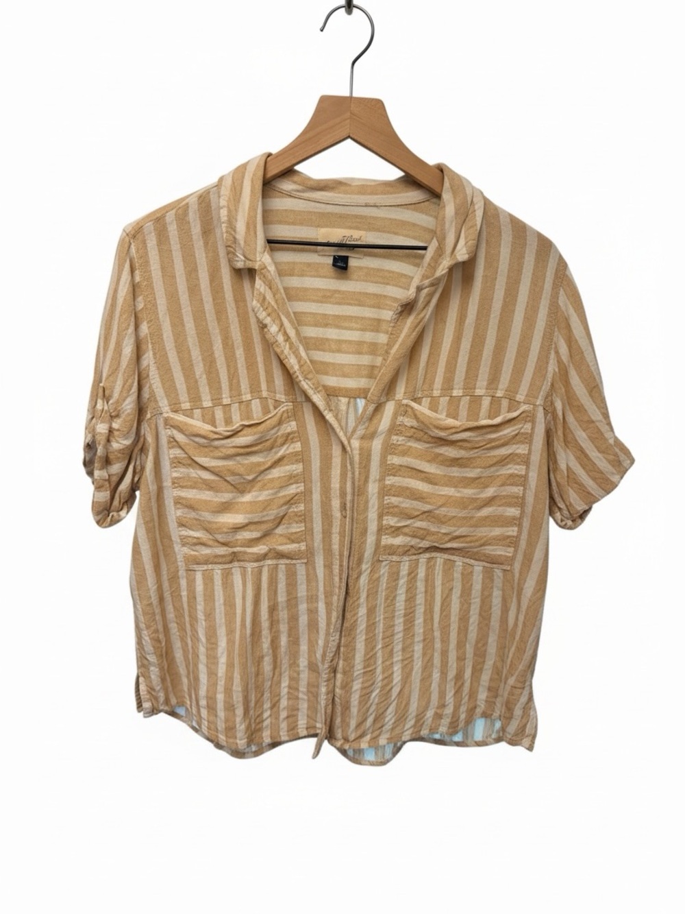 Universal Thread Striped Short-Sleeve Button-Up Top in Tan and Cream
